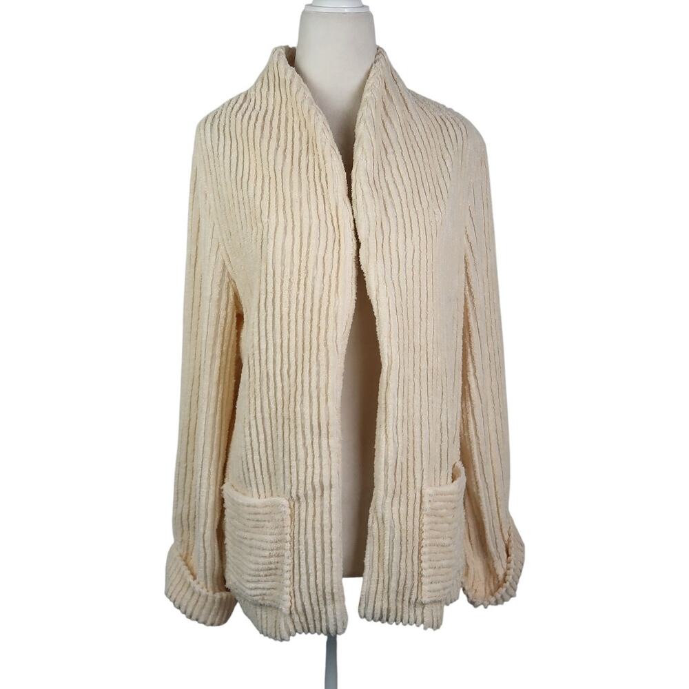 Vintage 70s Cream Terry Cloth Ribbed Cardigan Sweater M